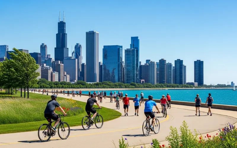 Chicago lakefront trail with skyline view, blue lake, cyclists and walkers, sunny day, vibrant colors