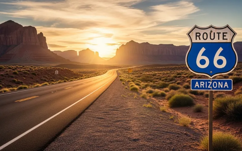 Scenic stretch of Route 66 in Arizona desert with vintage road sign, red rock mesas in background