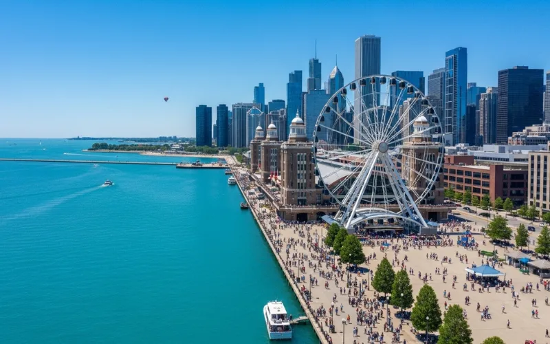 Navy Pier Chicago with Centennial Wheel, lakefront view, summer day, crowd atmosphere, aerial photography