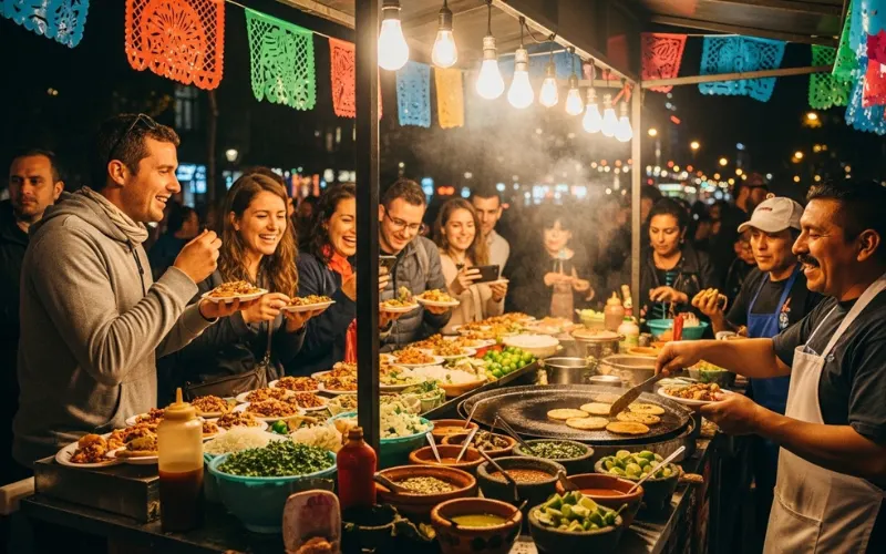 Travelers enjoying tacos at a busy Mexico City street food stall at night, warm lights, smiling vendor serving food, vibrant local atmosphere