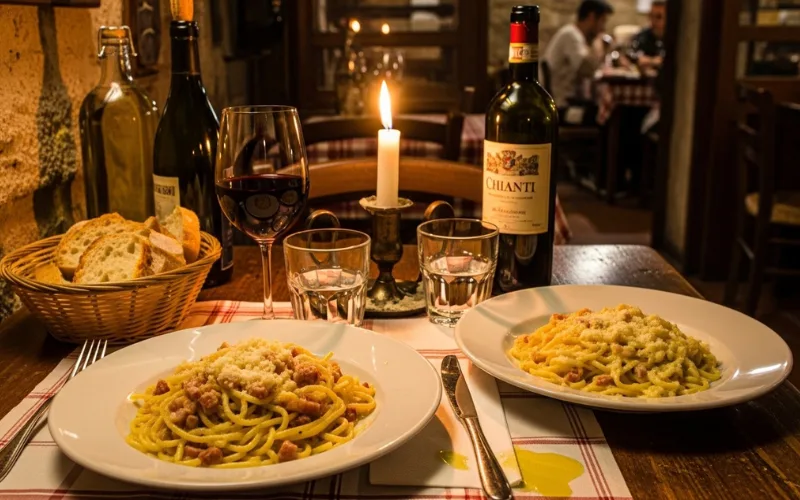 Rustic Roman trattoria table with pasta carbonara, cacio e pepe, wine glass, warm candlelight