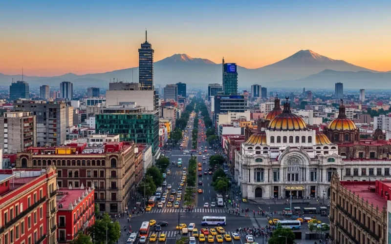 Panoramic Mexico City skyline with mountains in background, bustling streets, colorful architecture