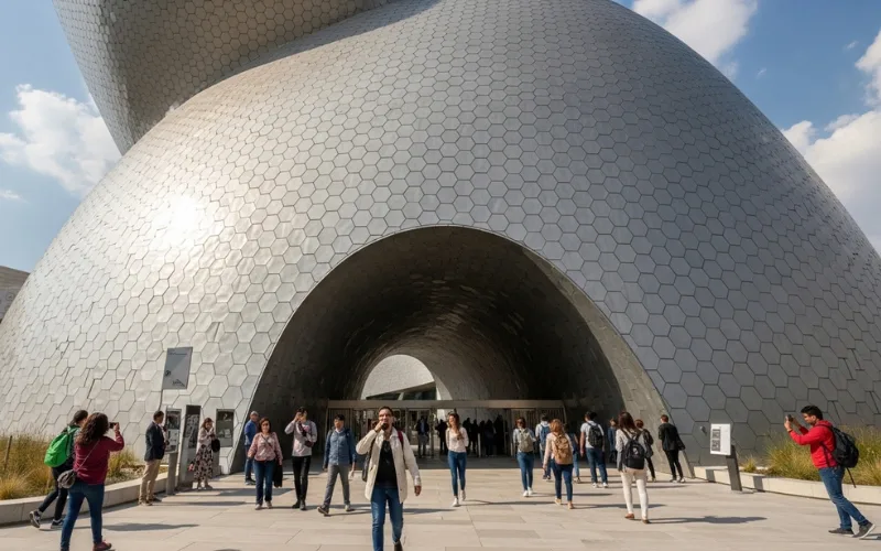 Travelers walking through the entrance of a famous museum in Mexico City, modern architecture, sunny day, people taking photos 