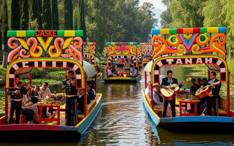 Bright trajinera boats in Xochimilco canals 