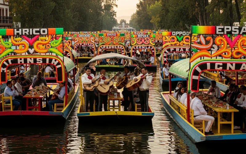 Colorful trajinera boats floating through Xochimilco canals with mariachi bands 