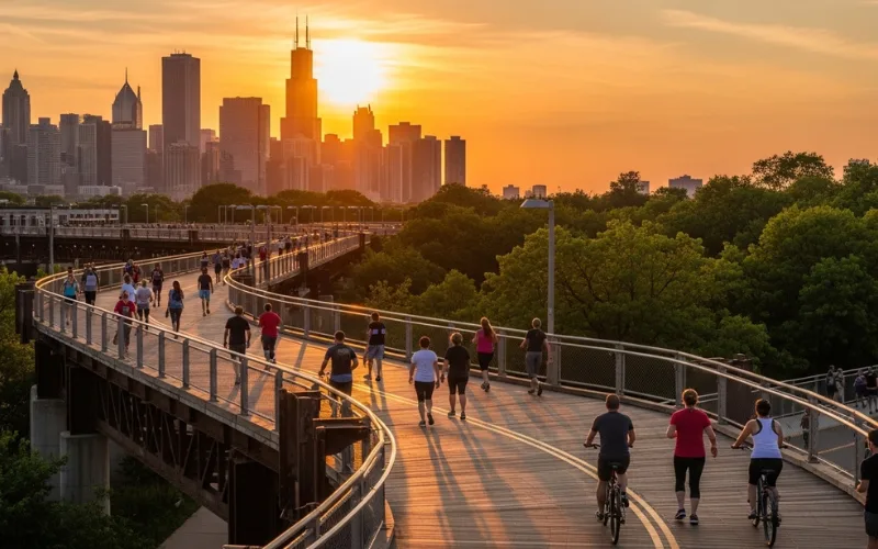 Chicago 606 trail elevated walkway sunset, people walking biking, city views.