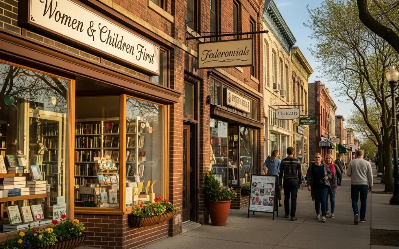 Andersonville Chicago cozy street shops, bookstores, welcoming neighborhood vibe.