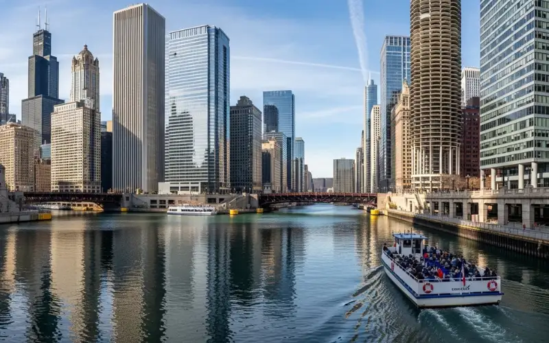 Chicago river architecture boat tour, skyscrapers reflection in water, sunny afternoon, wide angle city view.