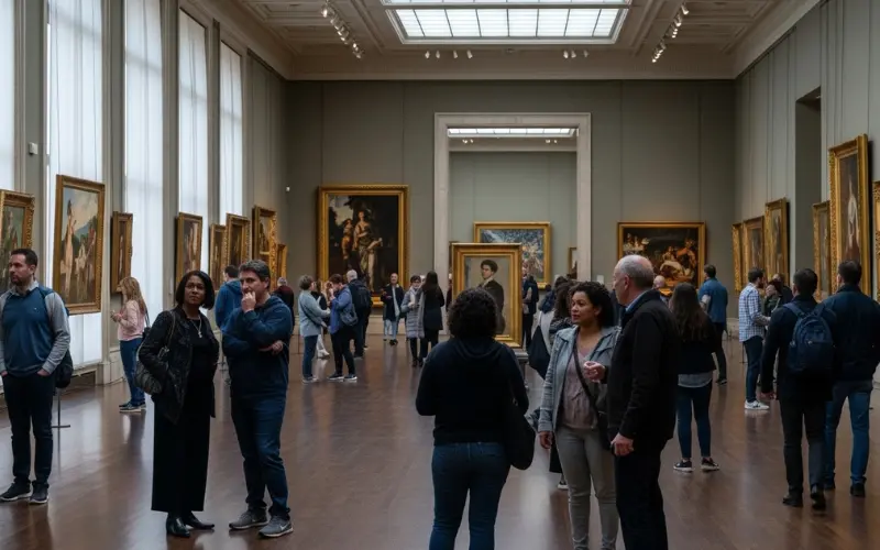 Art Institute of Chicago interior, classic paintings gallery, soft lighting, visitors observing artwork.