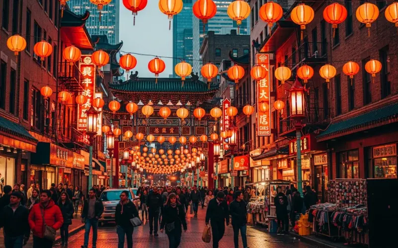 Chicago Chinatown street lanterns, traditional Chinese architecture, busy street.