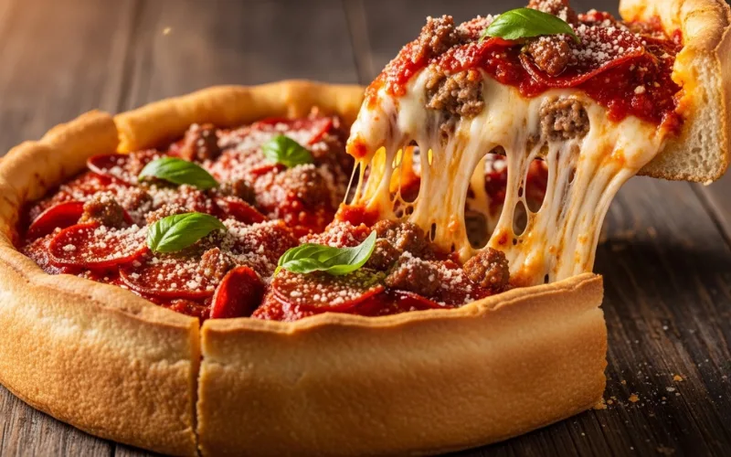 Chicago deep dish pizza close-up, melted cheese thick crust, rustic table, warm lighting.