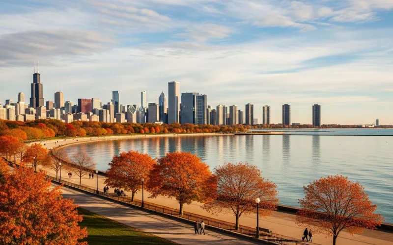 Chicago fall lakefront trees orange leaves, calm scenic view.