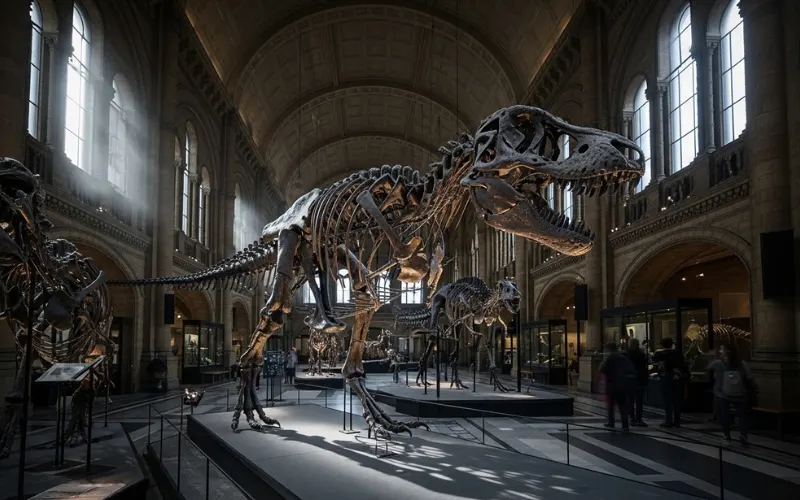 T rex skeleton museum exhibit dramatic lighting, natural history museum interior.