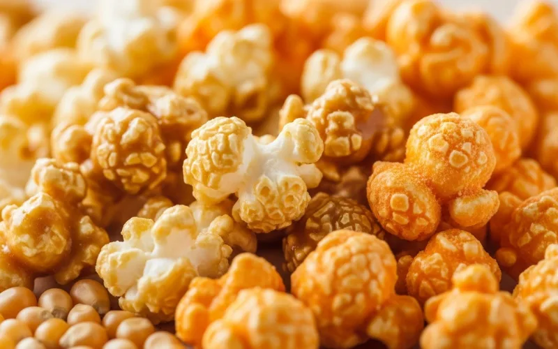 Chicago mix popcorn caramel and cheese, golden texture, snack close-up.