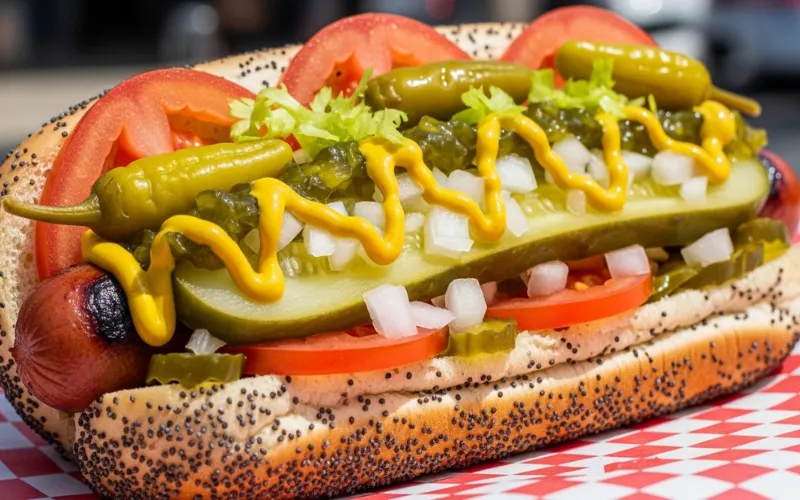 Chicago style hot dog with toppings no ketchup, poppy seed bun, vibrant colors.