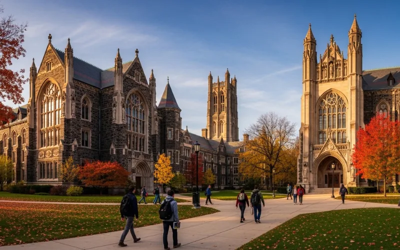 University of Chicago gothic architecture campus, autumn leaves, academic atmosphere.