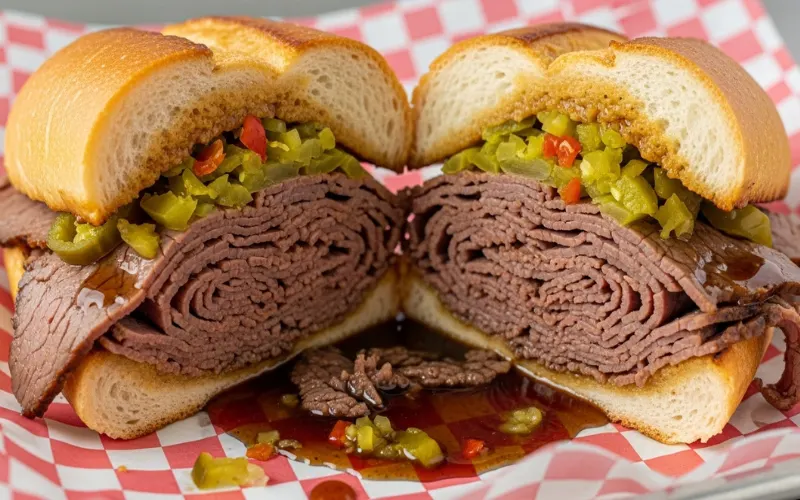 Chicago Italian beef sandwich dipped in jus, messy delicious close-up, street food style.