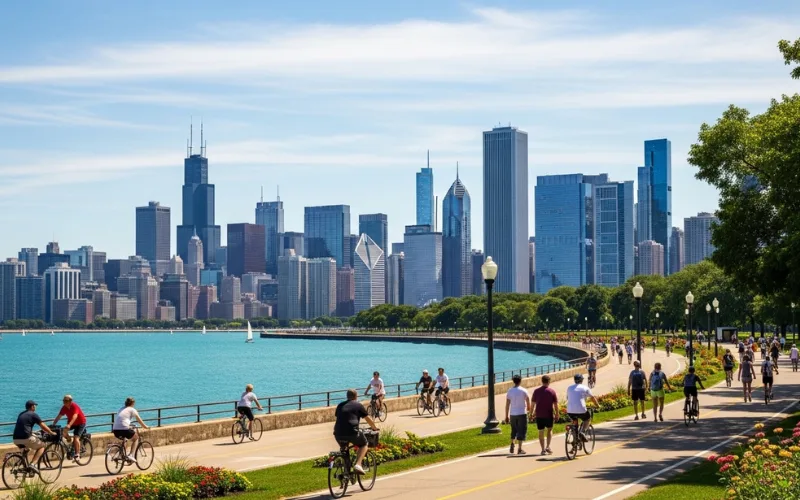 Chicago lakefront trail biking path, skyline on one side, Lake Michigan on other, sunny day scenic view.