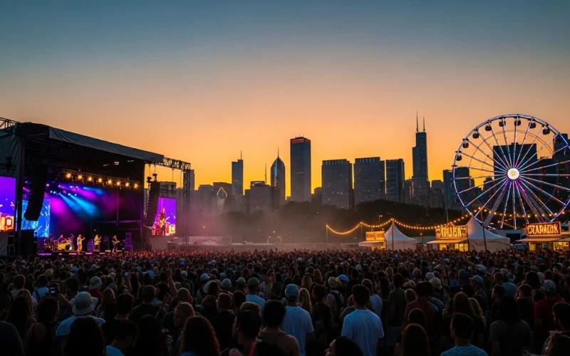 Chicago summer festival outdoor concert, crowd, sunset, vibrant energy.