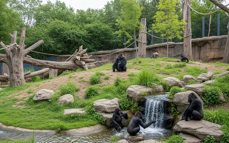 Chicago Lincoln Park Zoo gorilla enclosure, natural habitat setting.