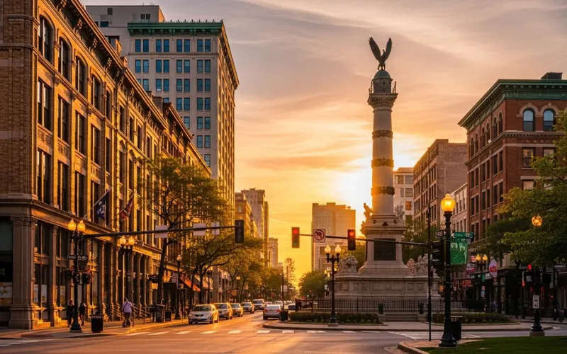 Logan Square Chicago street with historic buildings, golden hour lighting.