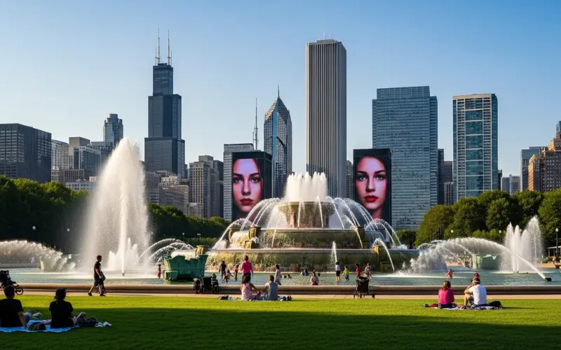 Millennium Park Chicago summer, Crown Fountain water splash, people relaxing on grass, city skyline background.
