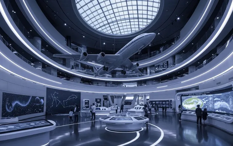 science museum airplane hanging from ceiling, interactive exhibits, futuristic interior.