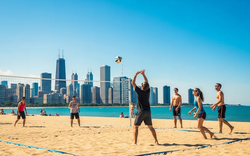 North Avenue Beach Chicago summer, beach volleyball, skyline behind sand, bright sunny atmosphere.
