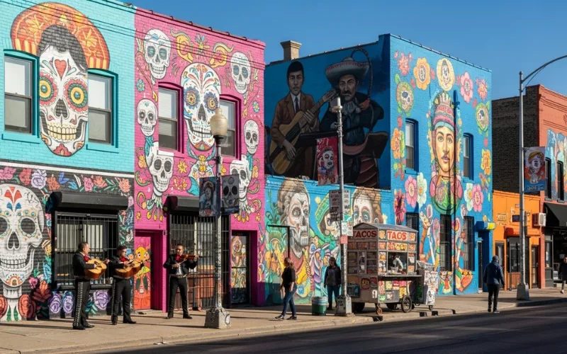 Pilsen Chicago vibrant murals street art, Mexican culture, colorful buildings.