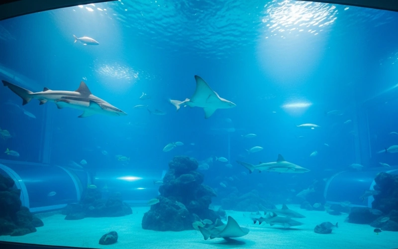 large aquarium tank with sharks and rays, underwater blue light immersive view.