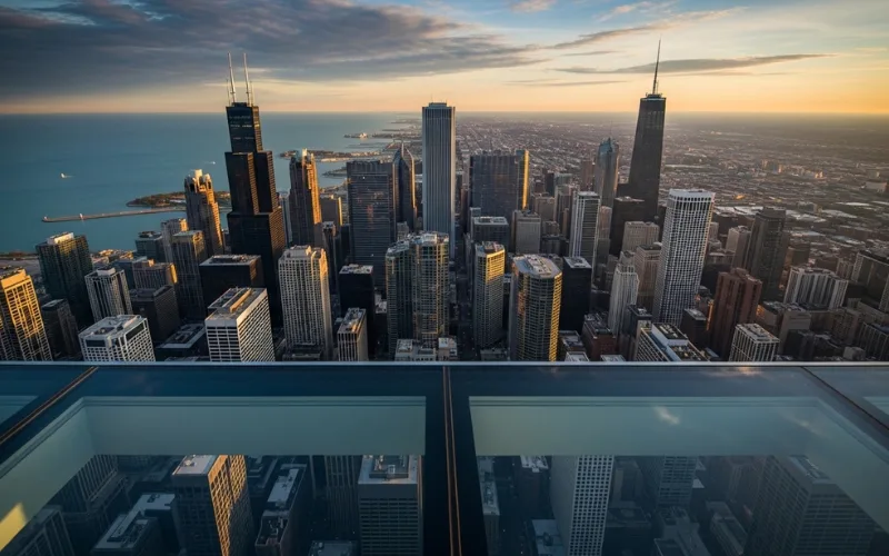 glass skydeck ledge Chicago skyline view from above, dramatic height perspective, city far below.