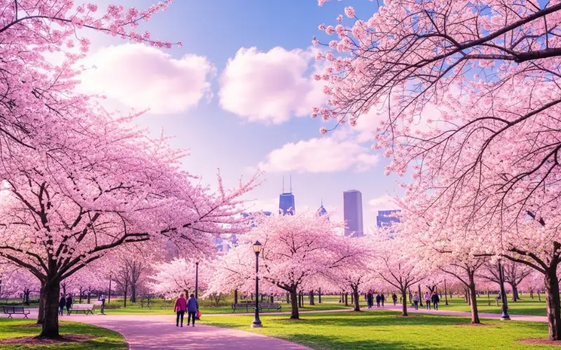 Chicago spring cherry blossoms park, soft pastel colors, peaceful vibe.
