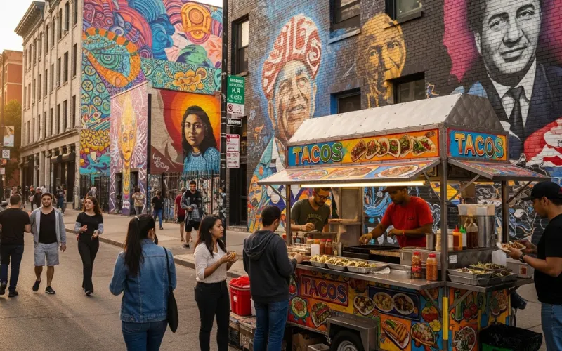 Pilsen Chicago street murals colorful walls, tacos street food, urban cultural vibe.