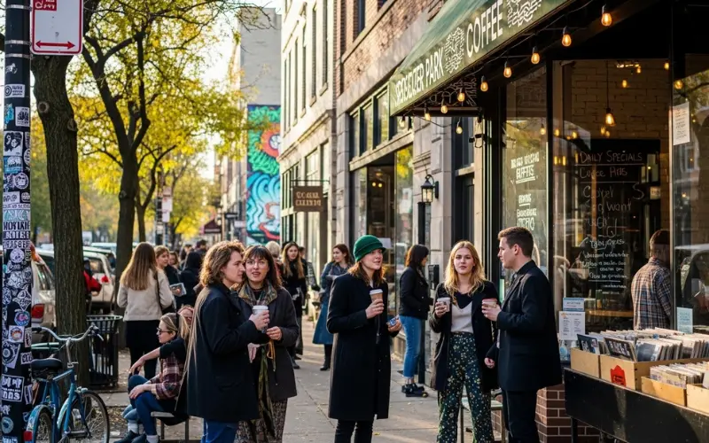 Wicker Park Chicago hip neighborhood, coffee shops, street style, young crowd.