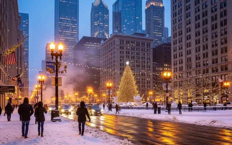 Chicago winter snow downtown, festive lights, cold atmosphere.